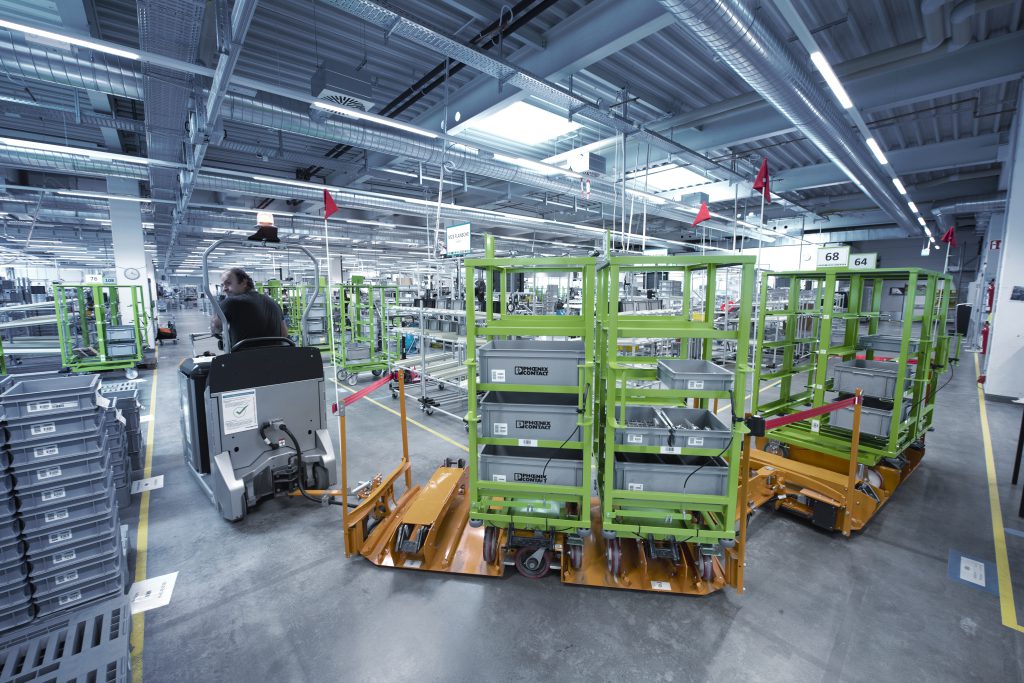 Ein Routenzug pro Etage verknüpft Produktion und Lager miteinander. Jeder Zug ist mit jeweils zwei Wagen oder Rahmen ausgestattet. Bild: Viastore Group