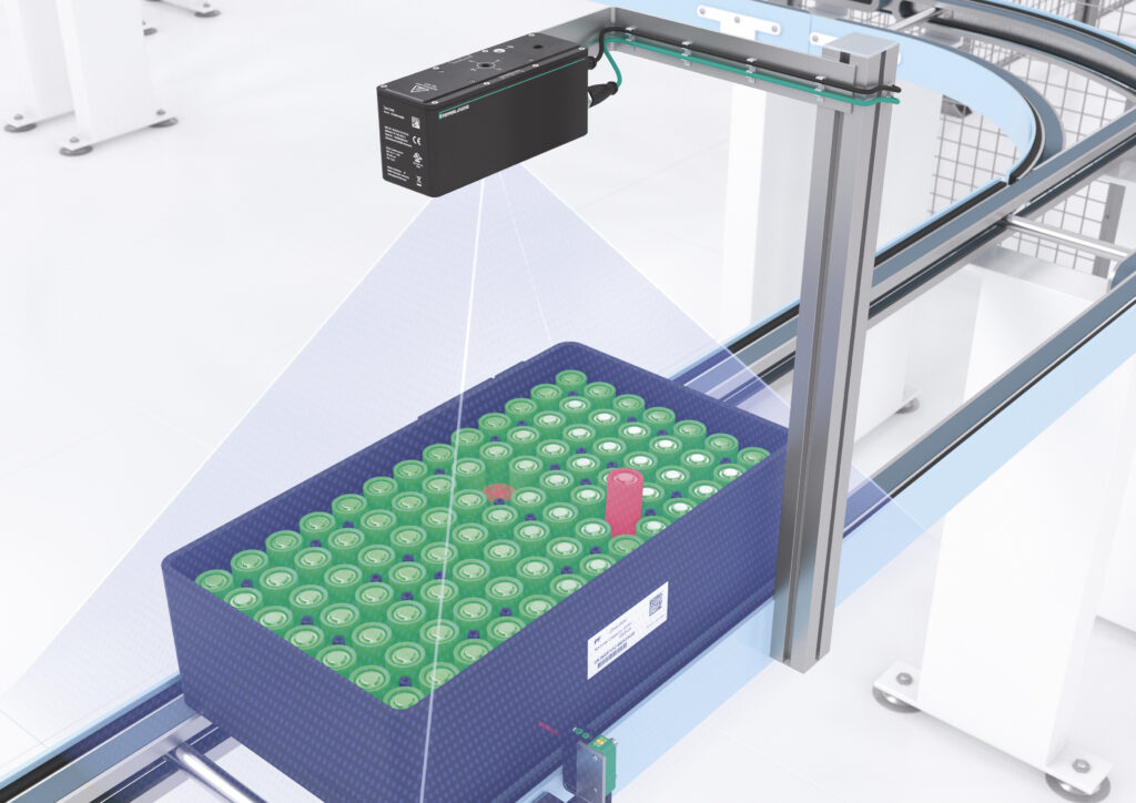 Der SmartRunner 3D prüft, ob alle Zellen des Batteriepacks gerade ausgerichtet und ohne Überstand angeordnet sind. Bild: Pepperl+Fuchs SE
