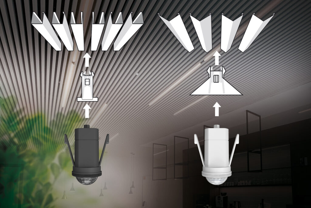 Per Adapter lassen sich die LAMELLA-Präsenzmelder der ESYLUX-Serie COMPACT MINI einfach in die Lamellenstruktur von SAPP- oder WEC-Decken einschnappen. Bild: Esylux Deutschland GmbH