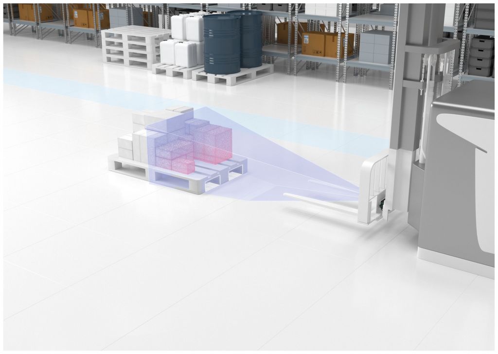 Bild 1 | Erkennen eines Palettenfußes mit dem Time-of-Flight Sensor SmartRunner
Explorer 3D. Für dieselbe Geräteplattform gibt es auch eine Stereo Vision Variante
mit gleichem Gehäuse, Anwendersoftware und Datenausgabe.