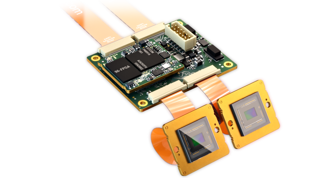Bild 2: Basis der VC Stereo Cam ist der FPGA-Hardwarebeschleuniger VC Power SoM. Das 2,8x2,4cm kleine Modul kann flexibel in Embedded Vision Designs integriert werden: direkt auf dem Mainboard (l.) bestückt oder mit einem Carrier-Board (r.).
