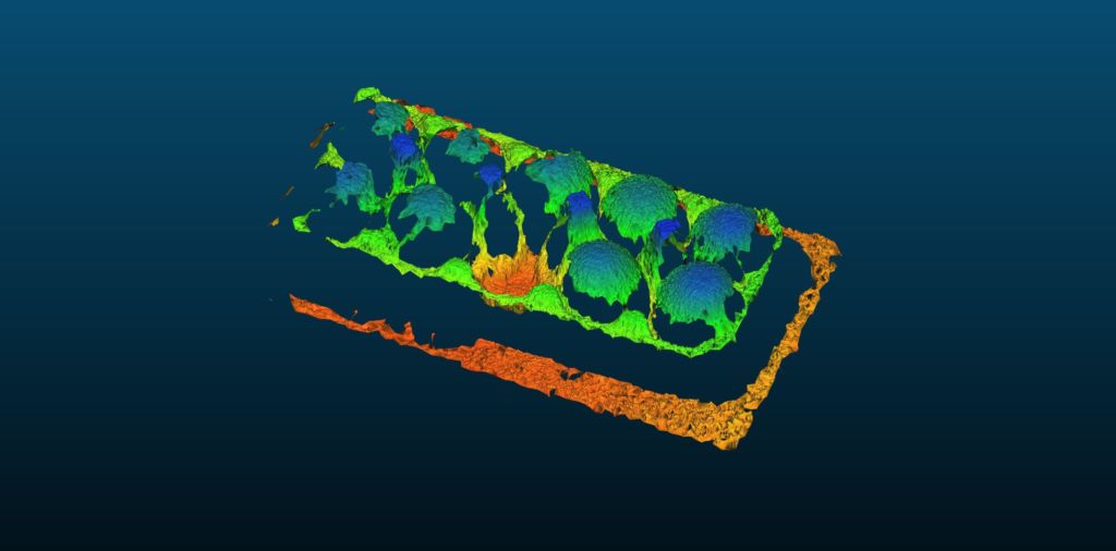Bild 2a und 2b | Das Beispiel der 3D-Rekonstrution einer Eierpackung mit einem
Stereovision-Sensor zeigt, wie das Ergebnis bei homogenen Oberflächen
mit einer Patternprojektion verbessert wird.Bild 2b |Das Beispiel der 3D-Rekonstrution einer Eierpackung mit einem Stereovision-Sensor zeigt, wie das Ergebnis bei homogenen Oberflächen mit einer Patternprojektion verbessert wird.