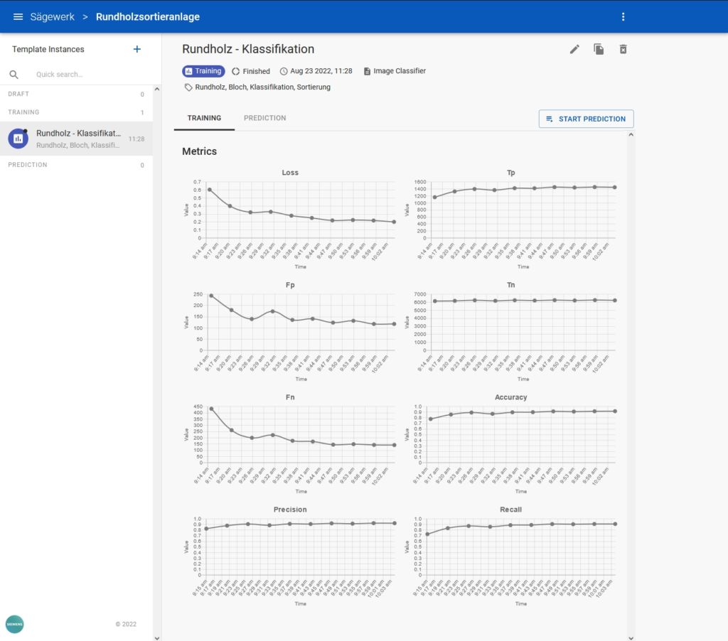 Bild 2 | One-Click-Deployment des ML Package in der Visual Quality Inspection Webanwendung nach Training in der Cloud auf die Edge Box mittels &acute;Start Prediction&acute;.