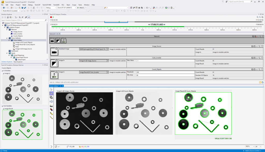Bild 2 | Twincat Analytics Editor mit Vision-Algorithmen, Module Watcher und Image Gallery. - Bild: Beckhoff Automation GmbH & Co. KG