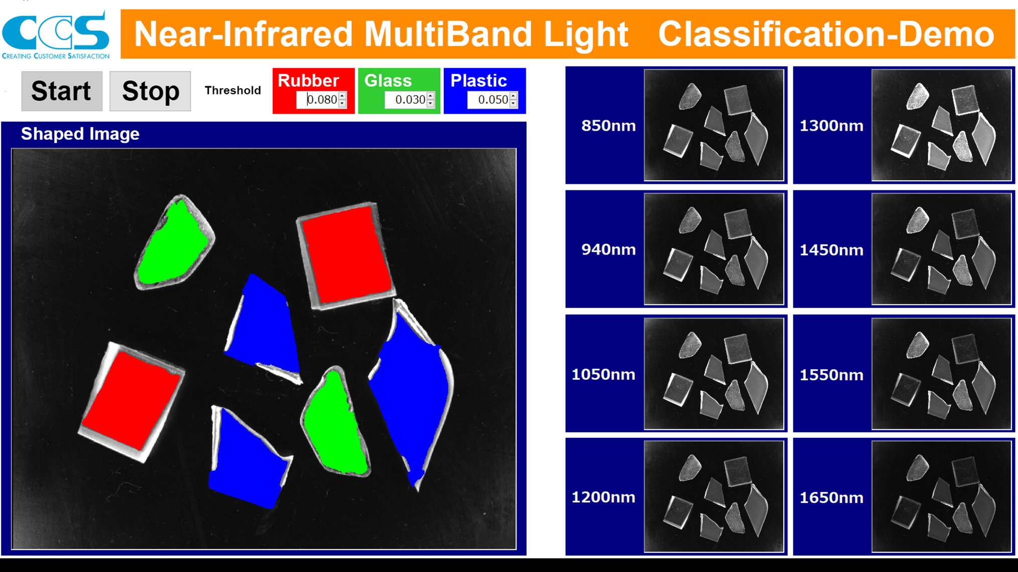 NIR-multi-band light classification demo: Classification of rubber, glass, and plastic with eight wavelength lights with one trigger.