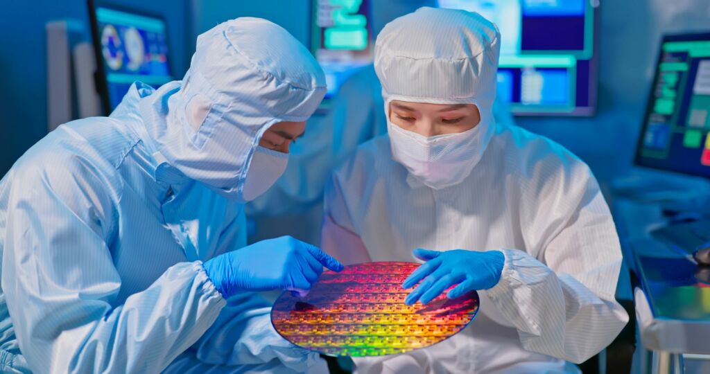 TwoAsianTechniciansInSterileCoverallHoldWaferWithGloves