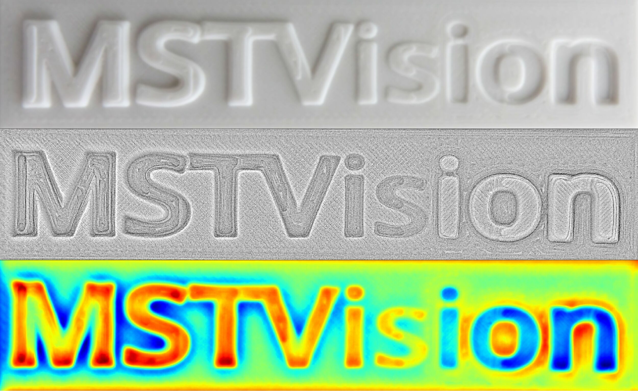 Bild 1 | Mit der Photometric Stereo Linienleuchte MSTPSL sind Bestrahlungsstärken von 2kW/m² bei einem Arbeitsabstand von 100mm problemlos möglich. Bild eines Musters (3D-Druck), Kurvenbild, Höhenkarte (v.o.n.u.)