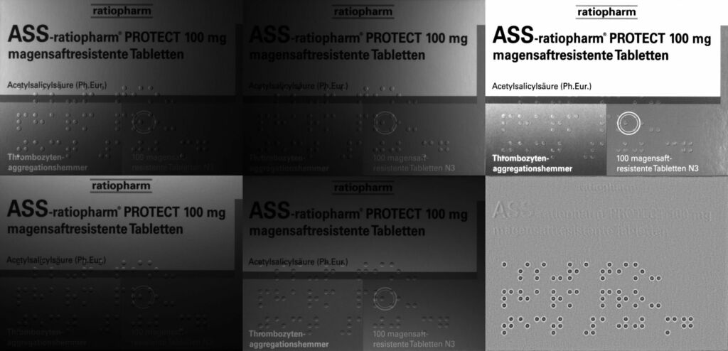 Bild 3 | Sichtbarmachen von Braille-Schrift. Obere Reihe: Segment links ein, Segment rechts ein, gesamter Ring ein. Untere Reihe: Segment oben ein, Segment unten ein, Neigungsbild - Dots sind unabhängig lesbar von der Bedruckung.