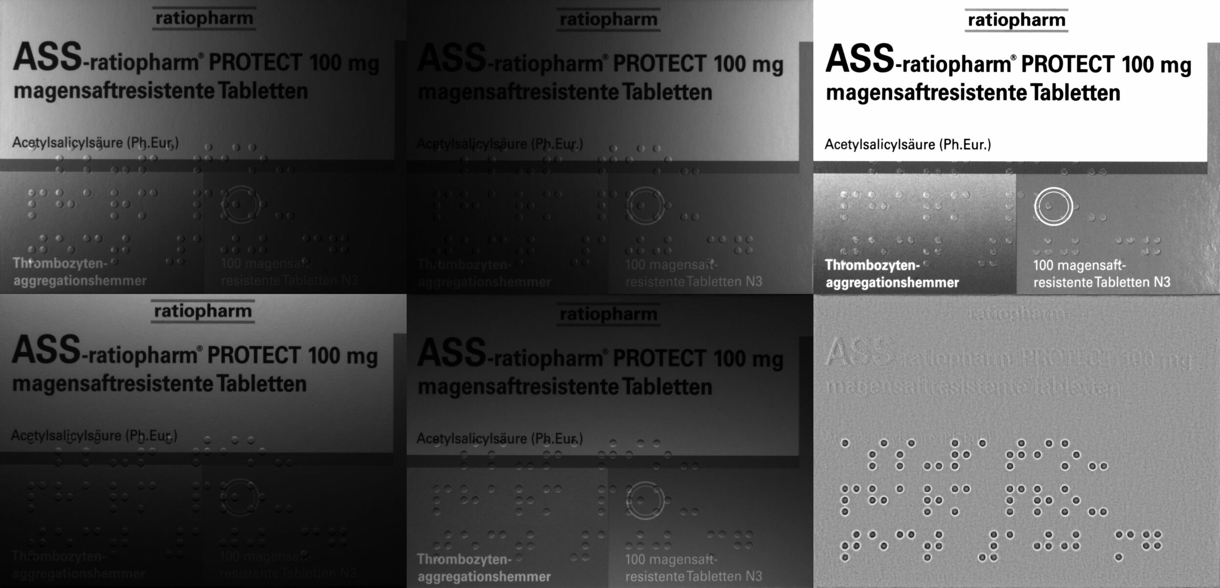 Bild 3 | Sichtbarmachen von Braille-Schrift. Obere Reihe: Segment links ein, Segment rechts ein, gesamter Ring ein. Untere Reihe: Segment oben ein, Segment unten ein, Neigungsbild - Dots sind unabhängig lesbar von der Bedruckung.