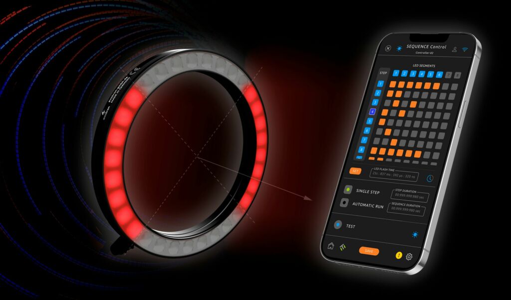 Bild 1 | Ringlichtbeleuchtungen mit bis zu acht separat ansteuerbaren LED-Segmenten werden über den digitalen LED-Einkanal-Beleuchtungscontroller DCC2404 gesteuert. Der Controller übernimmt die vollständige Kontrolle über die Kameraauslösung und die synchrone Ansteuerung der jeweiligen LED-Segmente.