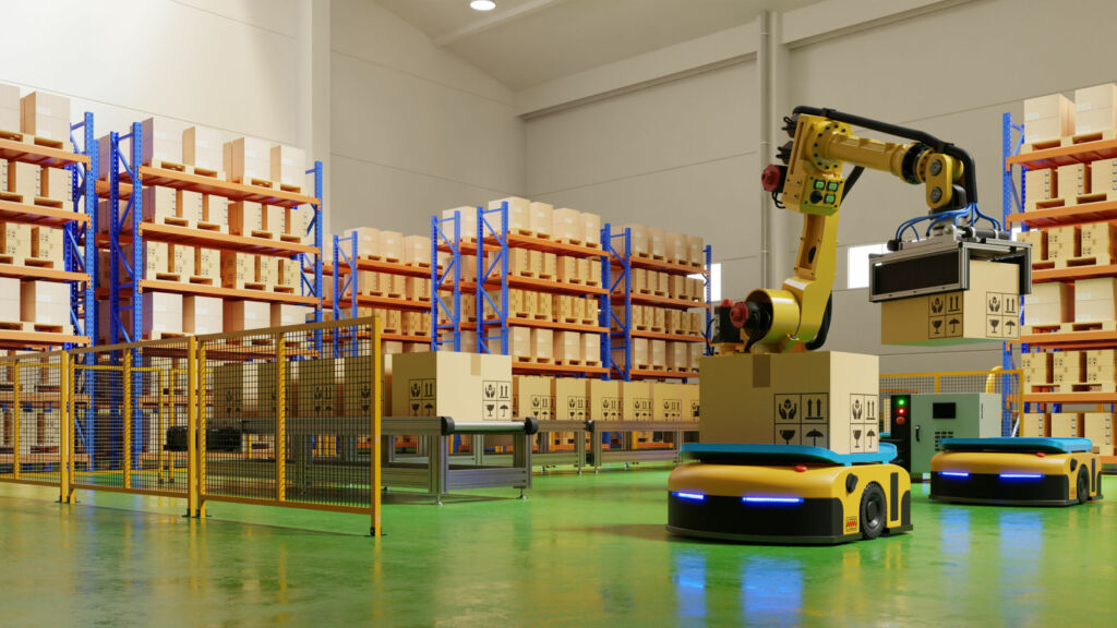 FactoryAutomationWithAgvAndRoboticArmInTransportationTo