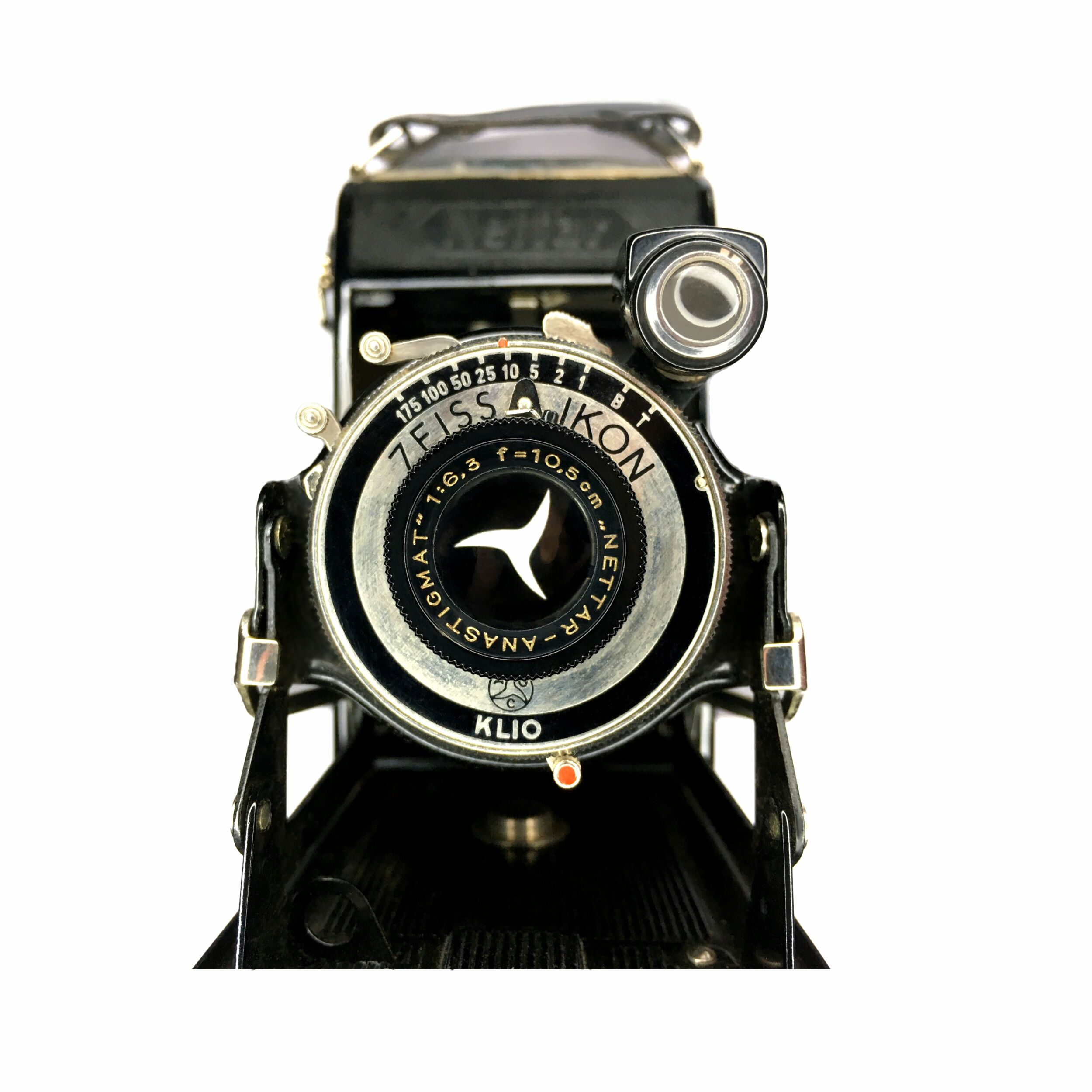 Geöffneter mechanischer Zentralverschluss einer Foto-Balgenkamera