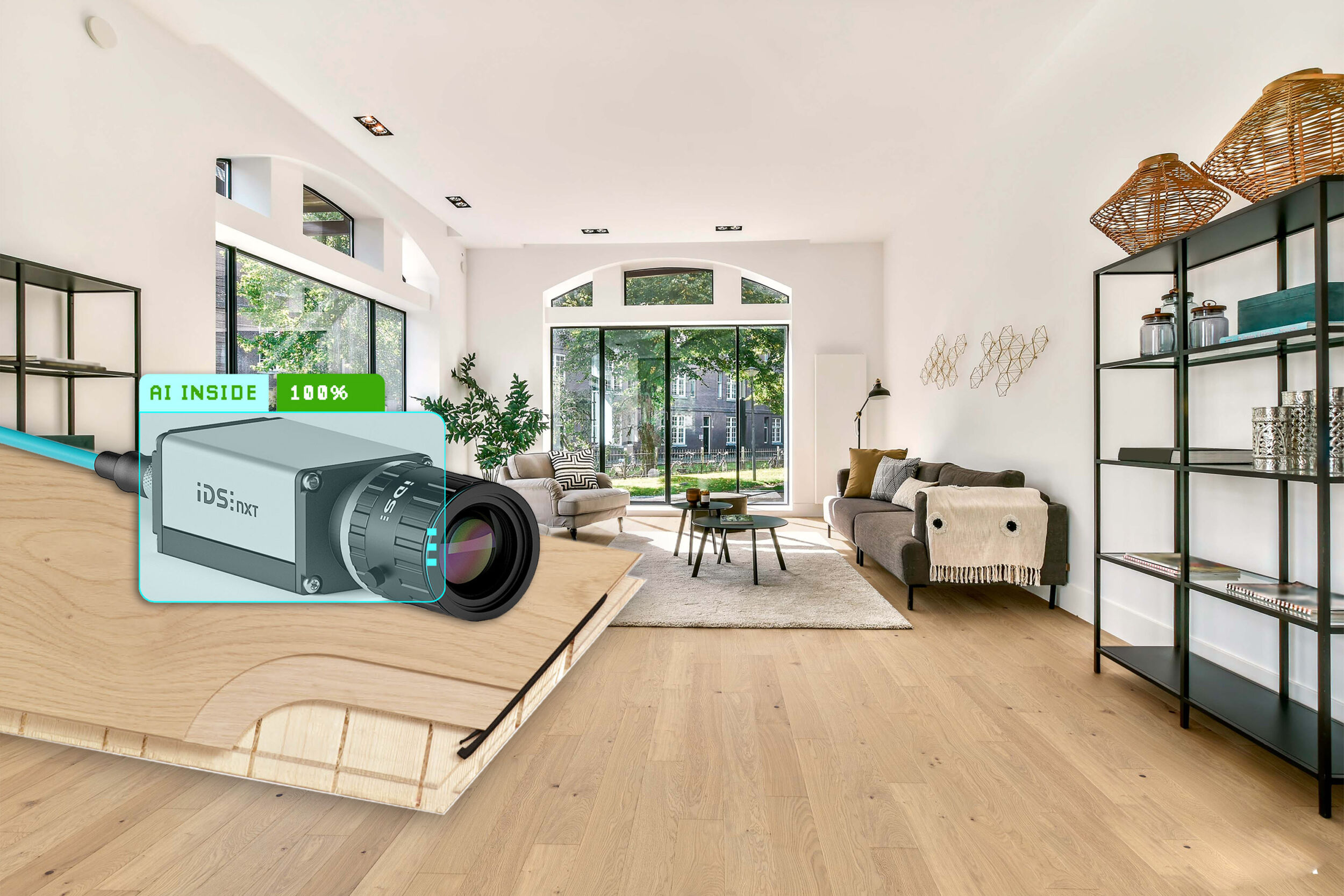 Bild 1 | Zwei intelligente IDS NXT Kameras prüfen beim Parketthersteller Scheucher das Vorhandensein von Klebstoff in der Klebstofffuge von Fertigparkett zwischen Decklage und Trägerschicht.