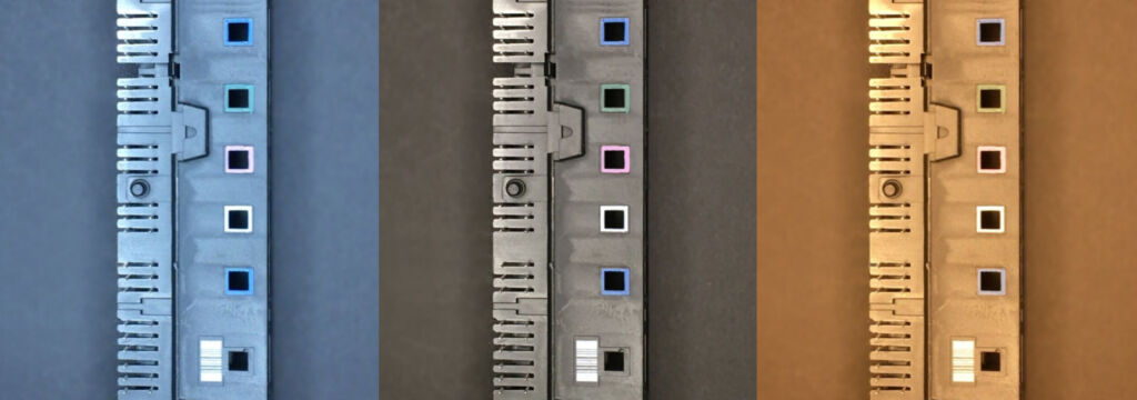 Beleuchtung einer Steckerleiste mit verschiedenen Beleuchtungen: Damit eine farbneutrale Wiedergabe wie bei Farbtemperatur 6.500K erfolgen kann (Bildmitte), müssen mit höherer Fabrtemperatur aufgenommene Bilder (links) oder mit niedrigerer Fabtemperatur aufgenommene Bilder (rechts) durch Weißabgleich korrigiert werden. Nach durchgeführtem Weißabgleich sehen trotz verschiedener Beleuchtung alle drei Steckerleisten farbig gleich aus.