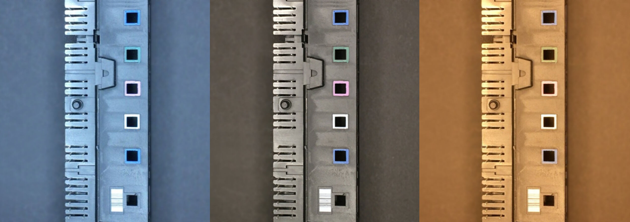 Beleuchtung einer Steckerleiste mit verschiedenen Beleuchtungen: Damit eine farbneutrale Wiedergabe wie bei Farbtemperatur 6.500K erfolgen kann (Bildmitte), müssen mit höherer Fabrtemperatur aufgenommene Bilder (links) oder mit niedrigerer Fabtemperatur aufgenommene Bilder (rechts) durch Weißabgleich korrigiert werden. Nach durchgeführtem Weißabgleich sehen trotz verschiedener Beleuchtung alle drei Steckerleisten farbig gleich aus.
