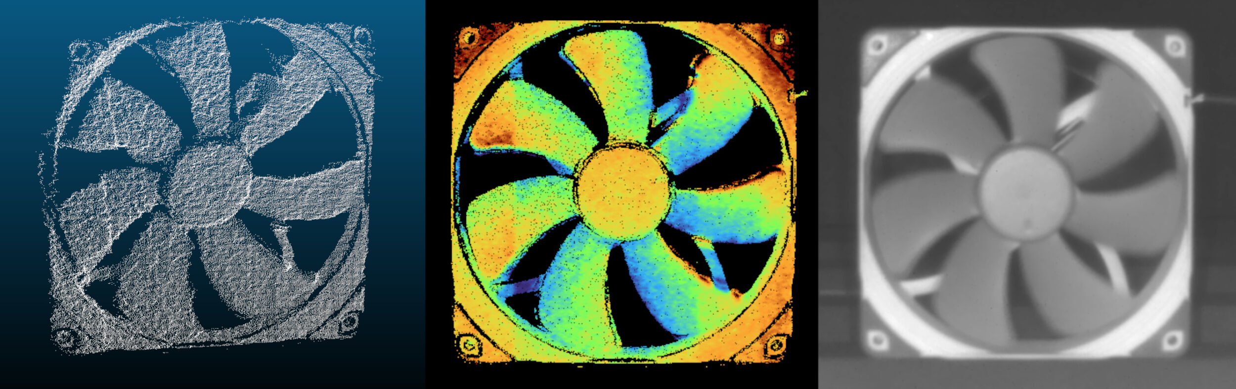 Bild 1 | 3D-Punktwolke (l.), Tiefenbild (m.) und Intensitätsbild (r.) eines drehenden 140mm Lüfterrads, aufgenommen aus 40cm Abstand bei 400rpm Umdrehungsgeschwindigkeit.