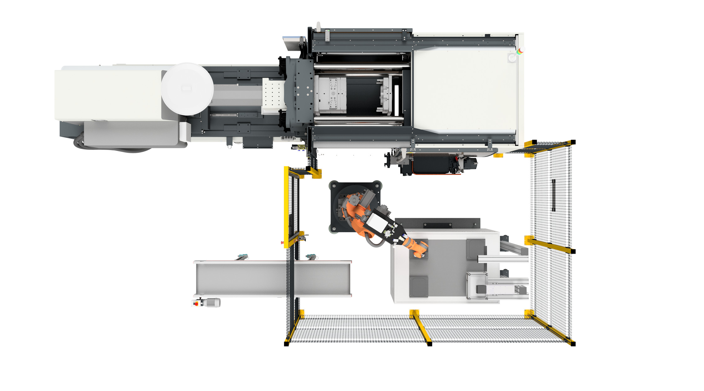 Bild 1 | Der Technologiedemonstrator von Nissei Plastic auf der K 2025 in Düsseldorf kombiniert eine Spritzgießmaschine mit einer flexiblen Prozessstation zur Qualitätskontrolle der produzierten Bauteile. Ein Roboter platziert die gespritzten Bauteile auf XPlanar-Movern, die im Anschluss zur Qualitätskontrolle unter eine Kamera verfahren.