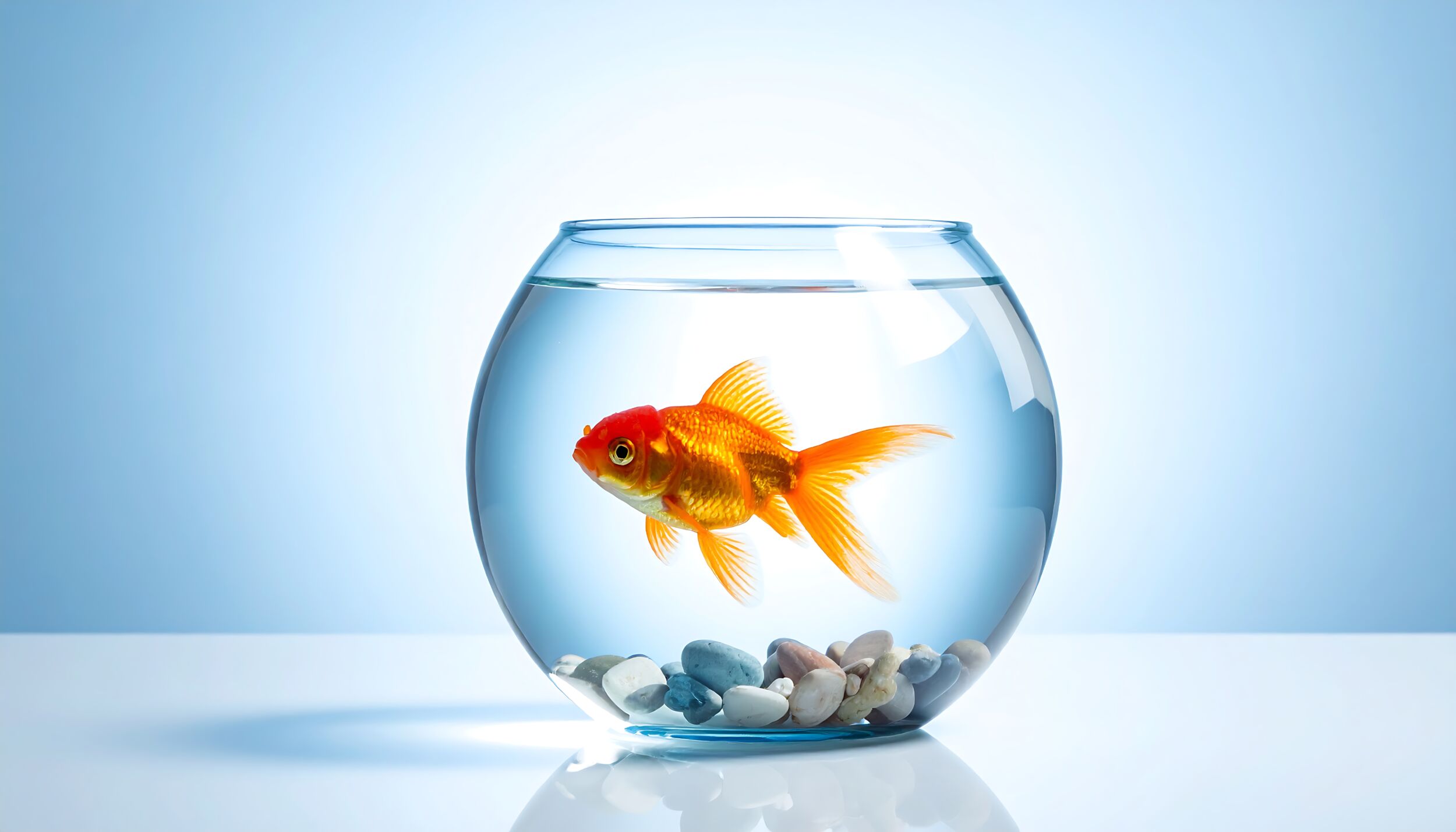 A goldfish swims serenely inside a glass bowl a few pebbles at the base set against a gradient blue background