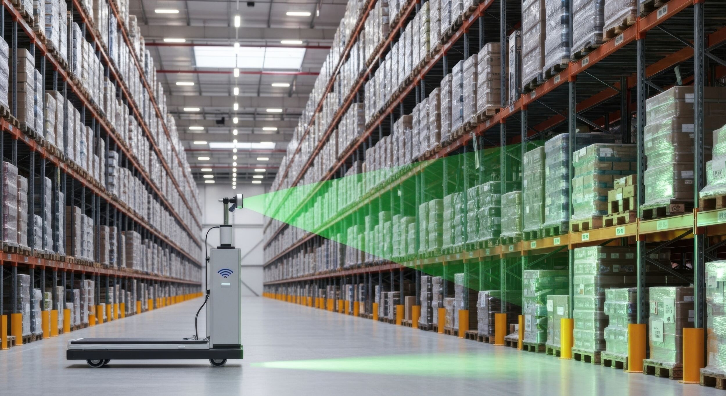 Autonomous Warehouse Robot Scanning Shelves in Large Industrial Storage Facility