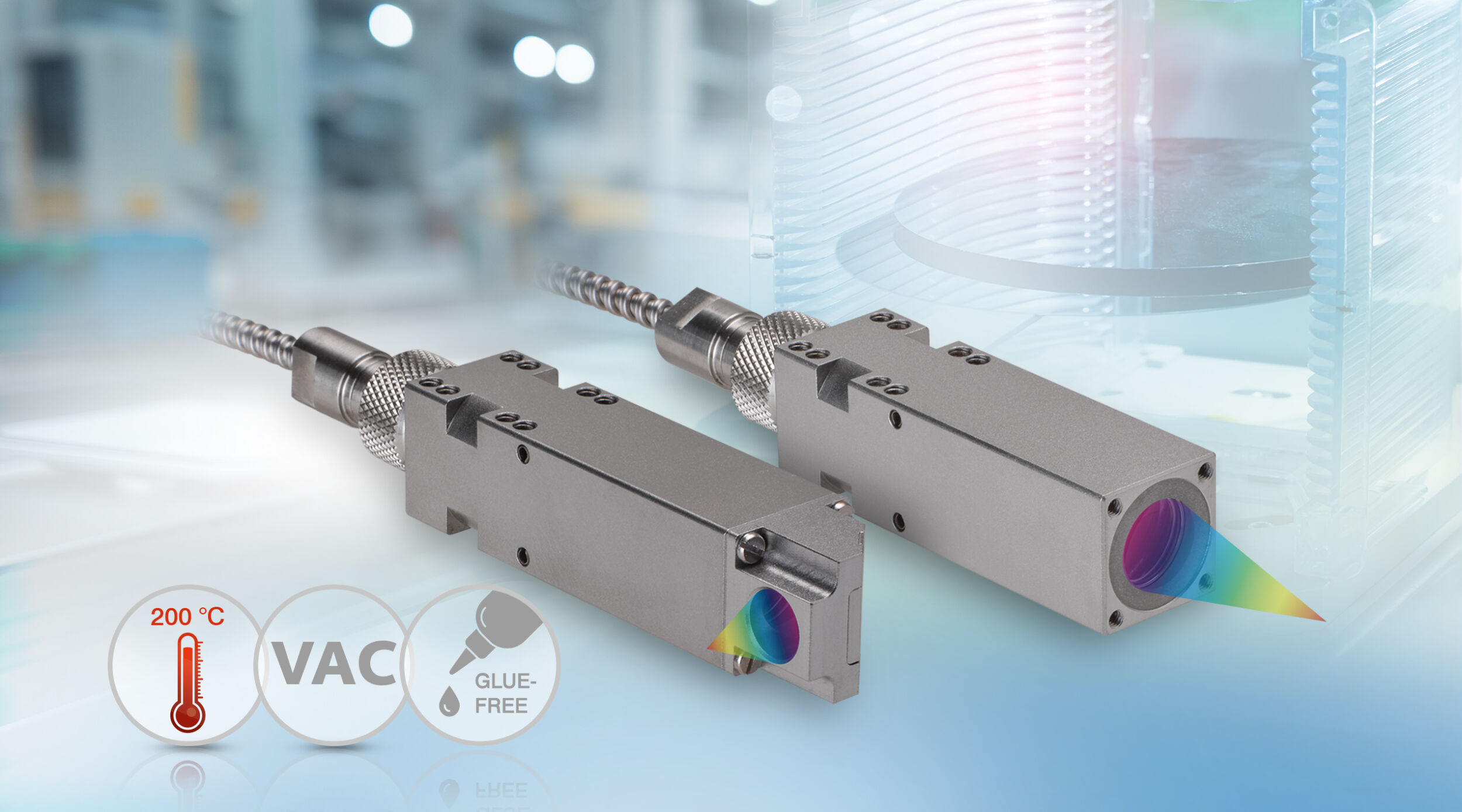 Bild 1 | Die konfokalen HT-Sensoren sind für anspruchsvolle Vakuum- und Reinraumanwendungen ausgelegt. Durch den Verzicht auf organische Klebstoffe wird das Ausgasungsverhalten minimiert.