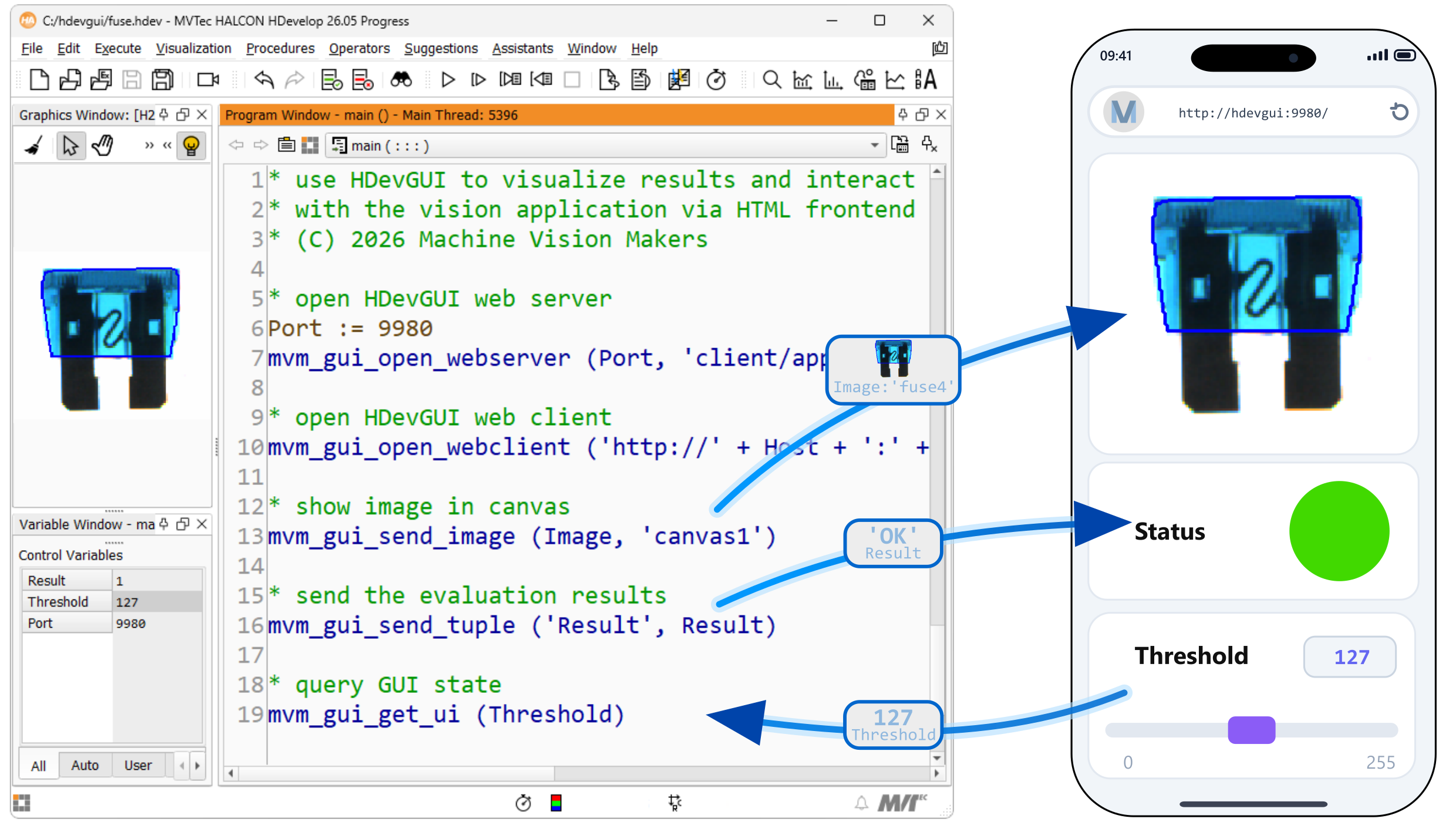 Bild 1 | Mit der Nutzung von HDevGUI können Bedienoberflächen direkt in HDevelop von Halcon entwickelt und gemeinsam mit der Bildverarbeitung getestet werden. Der Entwickler bleibt während des gesamten Projekts in seiner gewohnten Entwicklungsumgebung.