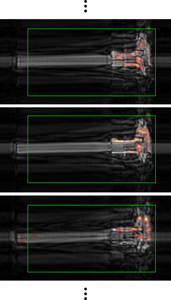 Bild 1 | Die KI-basierte Auswertung des 3D-Bildstapels mit dem RadarImager
klassifiziert einen Messschieber und visualisiert mit 'Explainable AI'
jene Bildbereiche, die für die Klassifikation besonders relevant sind.
