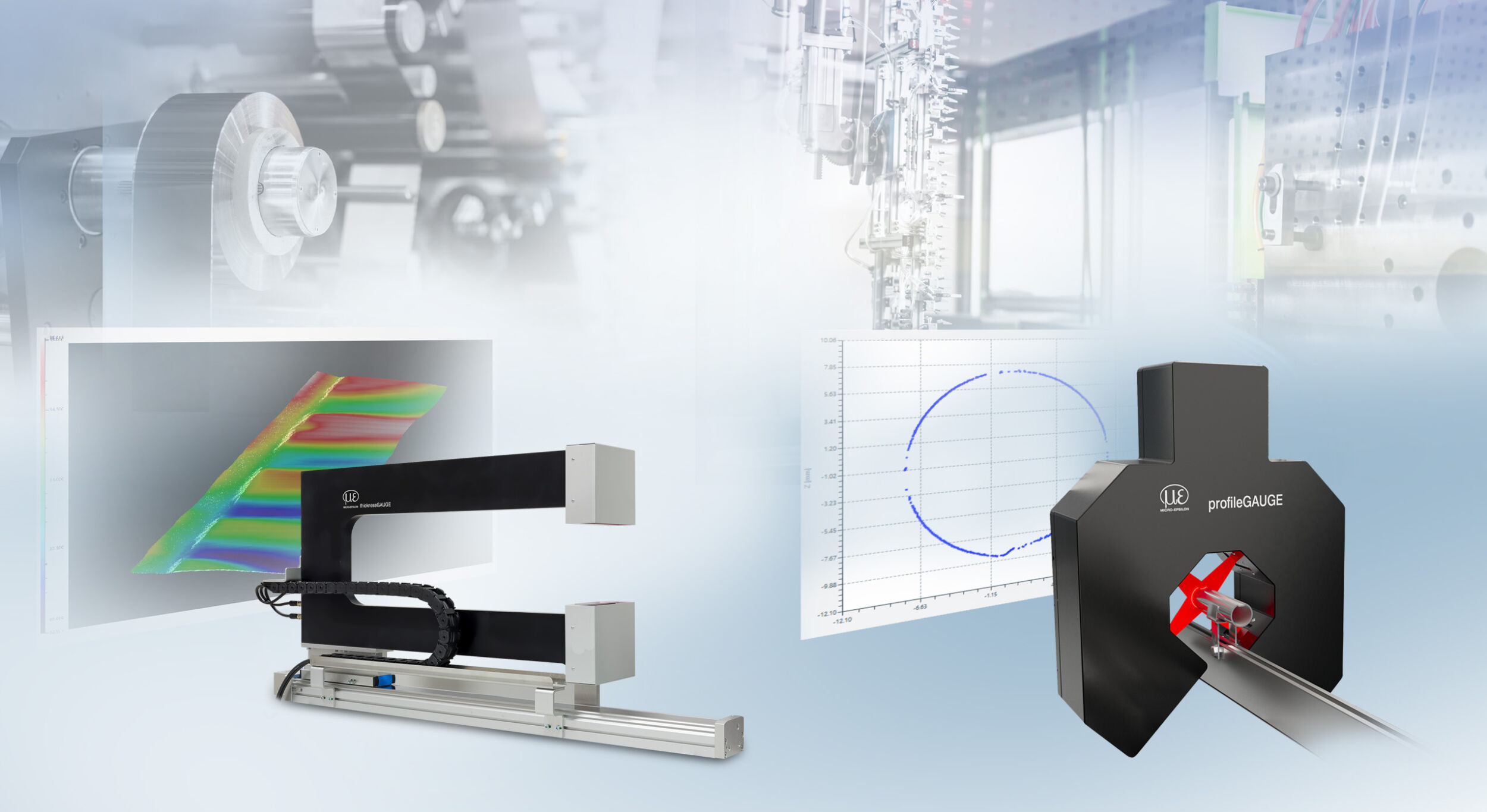 Bild 1 | Das ProfileGauge 3D (r.) ist ein Inline-Messsystem für die 360°-Prüfung von Profilen und Halbzeugen. Das ThicknessGauge 3D (l.) ist ein Sensorsystem zur Inline-Dicken- und Profilmessung von Strang- und Plattenmaterial und kombiniert die zweiseitige Dickenmessung mit einer 3D-Profilmessung.
