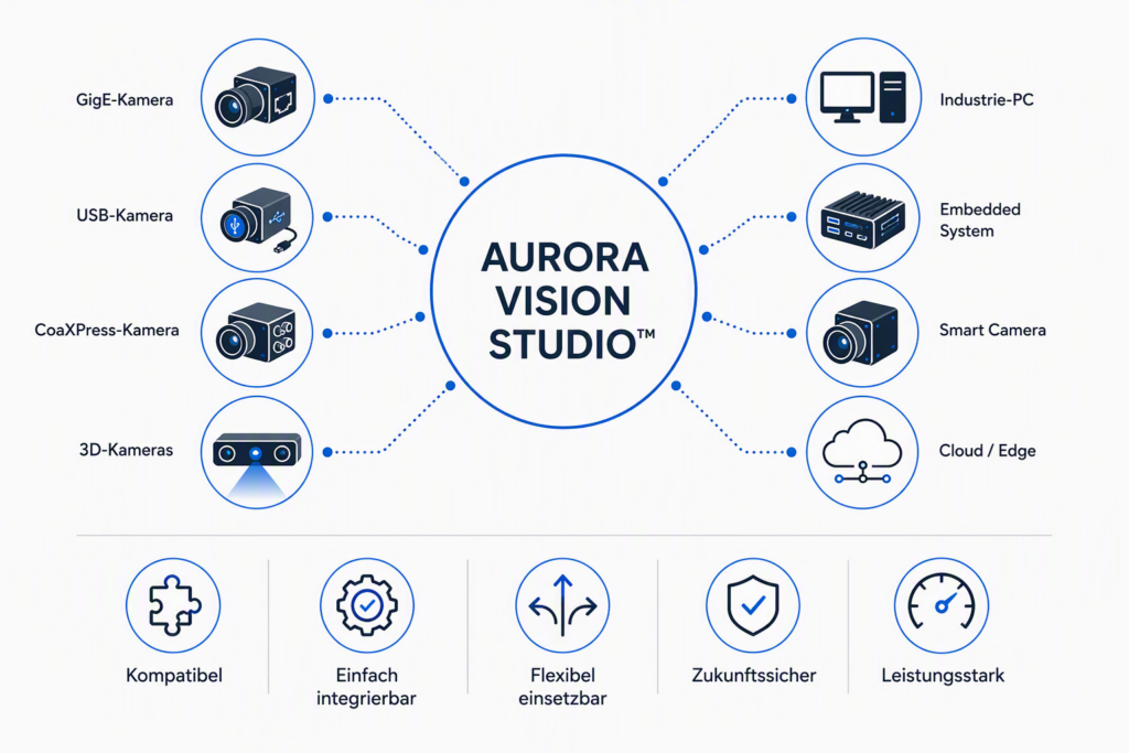 Bild 3 | Die grafische Entwicklungsumgebung Aurora Vision Studio ist durch ihre Kompatibilität zu USB3 Vision, GigE Vision und GenTL Hardwareunabhängig und erlaubt eine einfache Realisierung von Vision-Applikationen per Drag&Drop.