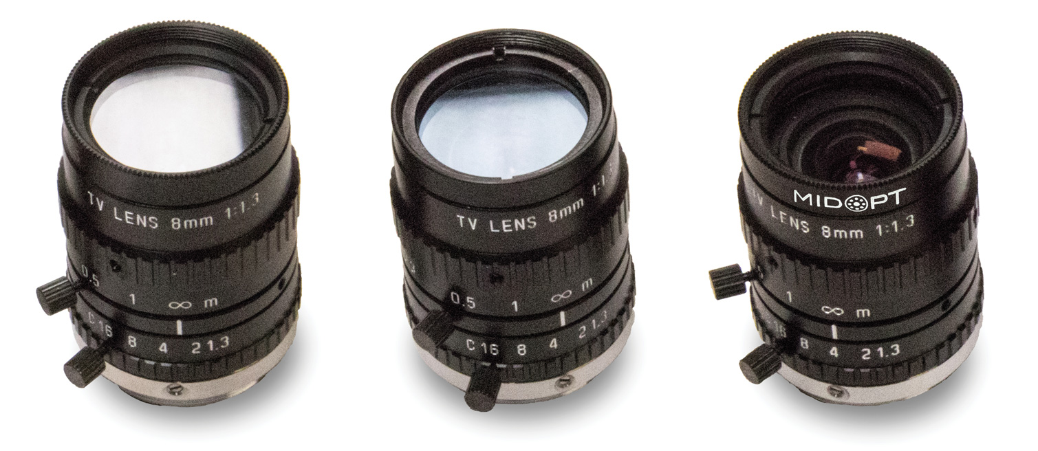 Filter with No Coating (l.); Filter with MgF2 Single-layer Coating (c.); MidOpt Filter with BBAR Multi-layer Coating (r.)