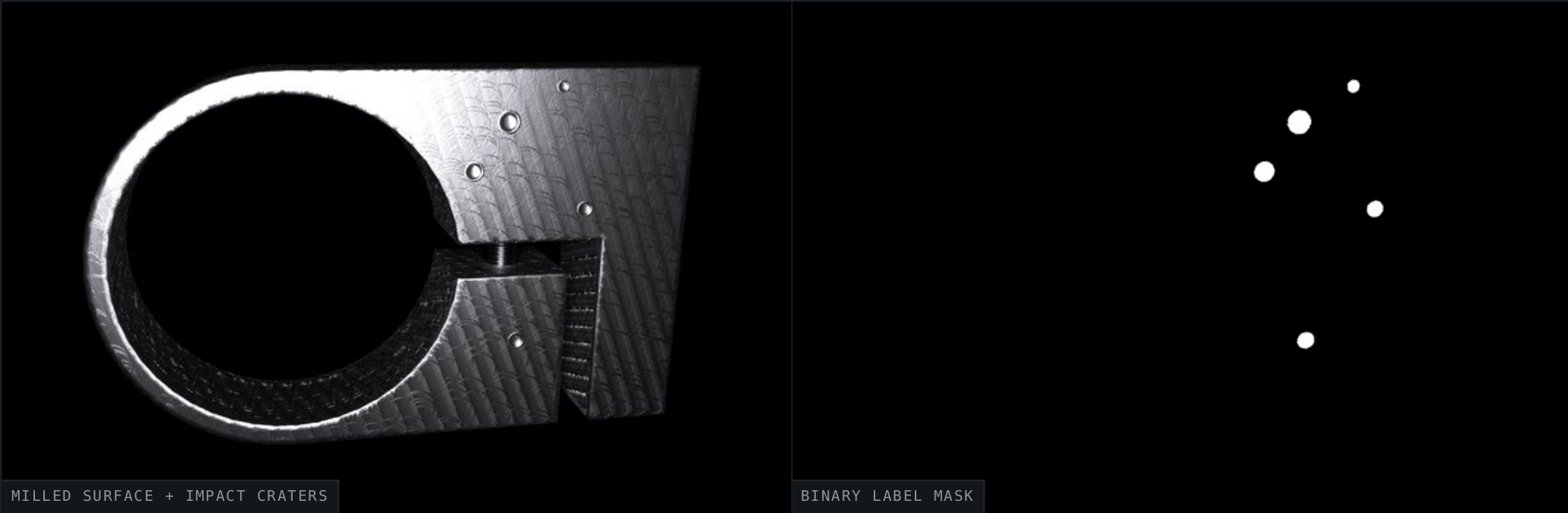 Photorealistic simulation of a milled surface with dents (l.); corresponding labels (r.). The image is not AI-generated but computed from a mathematical model of scene, material, defects, camera, optics and illumination.