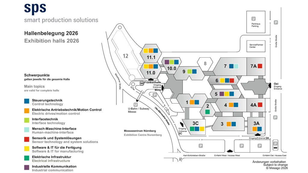 Hallenbelegung der SPS 2026; die meisten
Firmen mit Machine
Vision im Portfolio sind in den Hallen 4A, 6 und 7A zu finden.