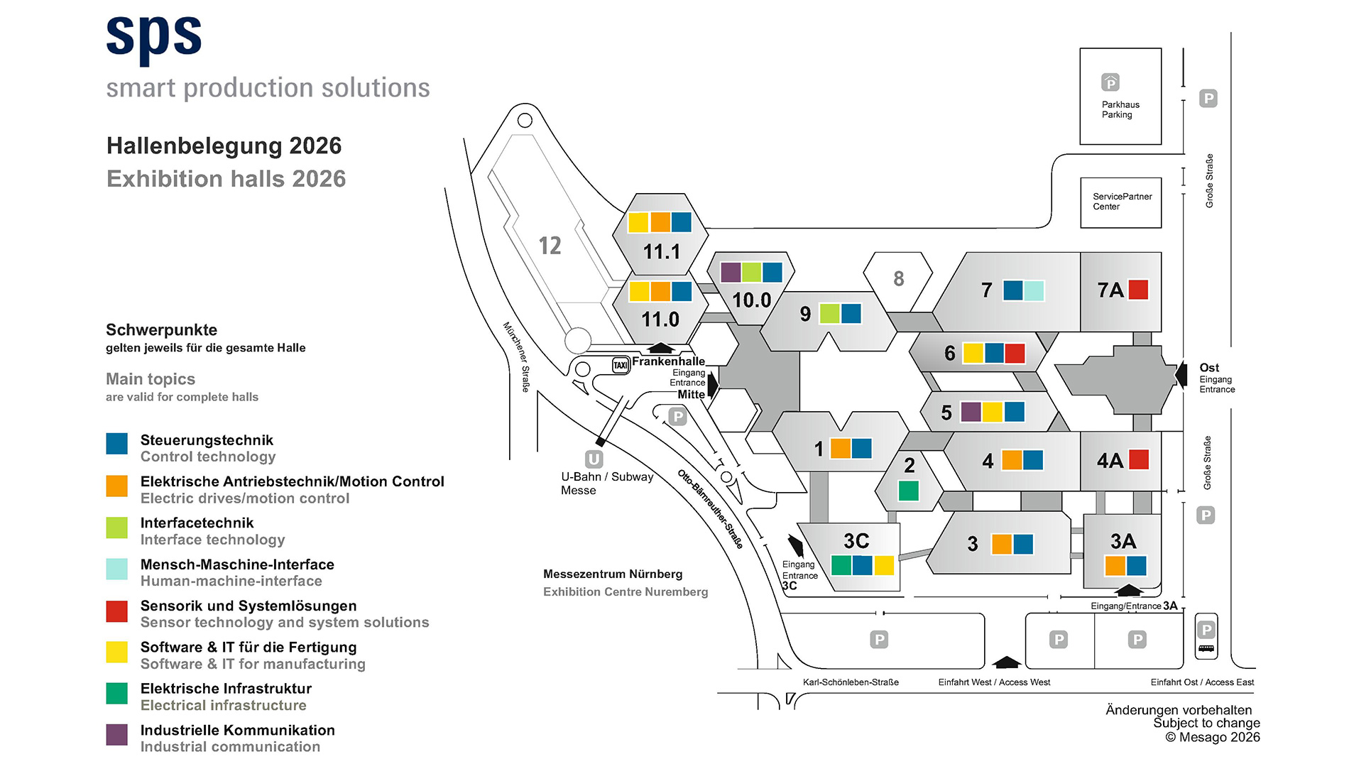 Hallenbelegung der SPS 2026; die meisten Firmen mit Machine Vision im Portfolio sind in den Hallen 4A, 6 und 7A zu finden.