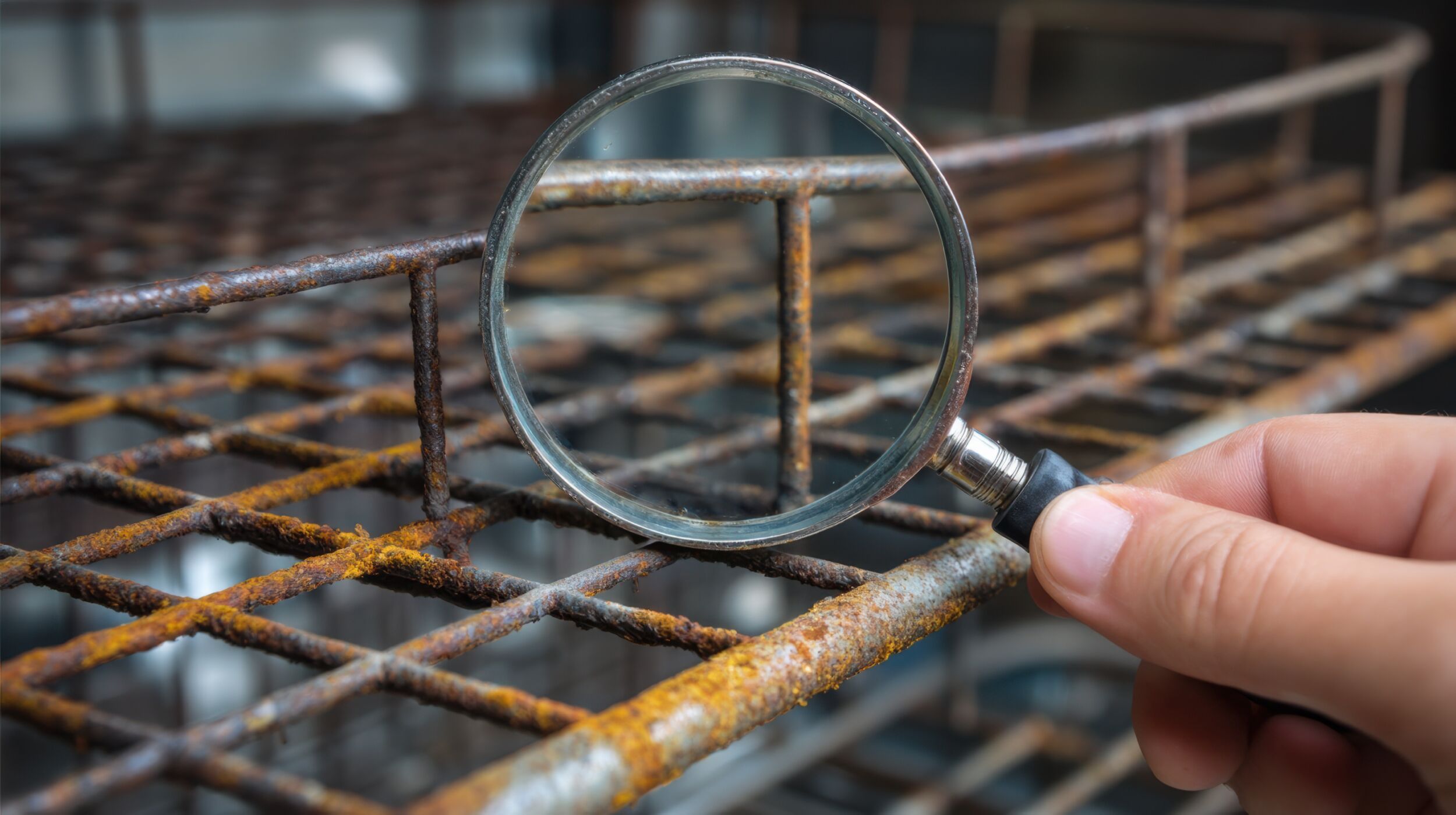 Rusty metal rack is examined with a magnifying glass in a workshop during daylight hours
