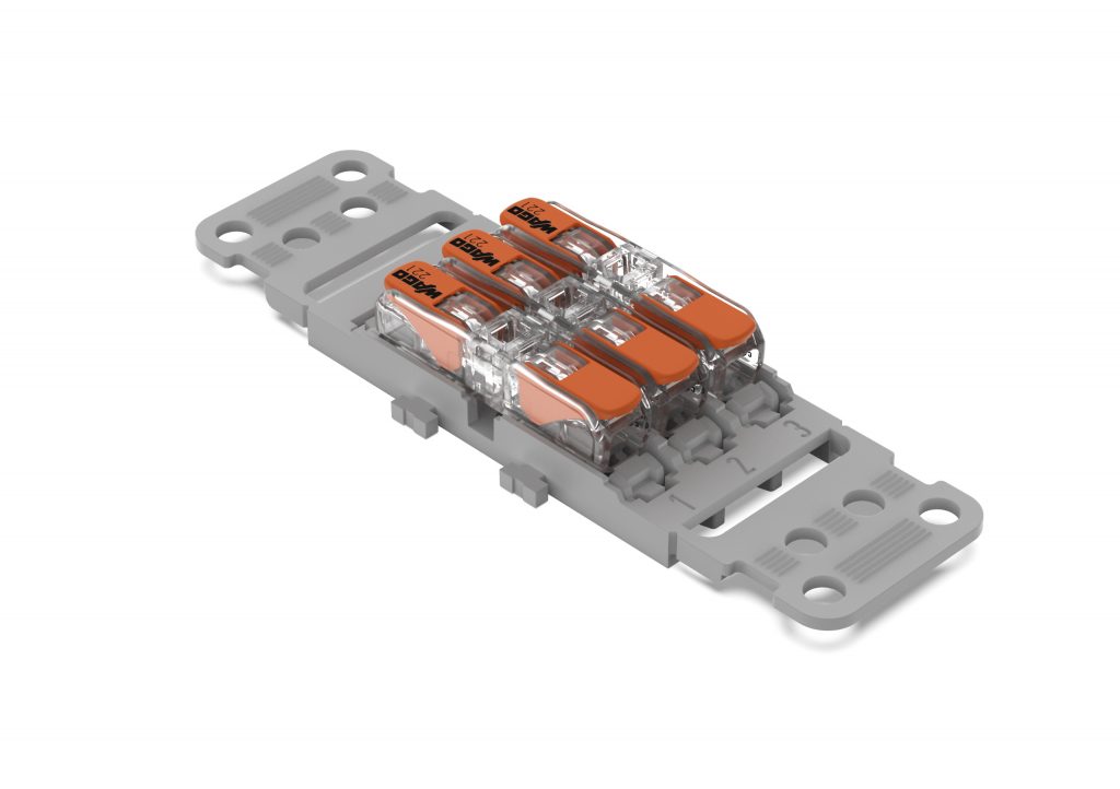 Der Durchgangsverbinder der Serie 221 mit Hebel erm&ouml;glicht den werkzeuglosen Anschluss aller Leiterarten von 0,2 bis 4mm&sup2; in Durchgangsrichtung. (Bild: Wago Kontakttechnik GmbH & Co. KG)