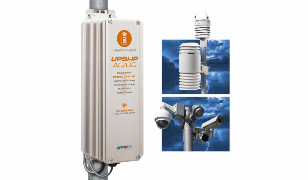 Outdoor AC/DC-USV UPSI-2406IP-38AC mit Mastmontageset PSZ-1100 für die unterbrechungsfreie Stromversorgung von Sicherheits- und Messtechnik