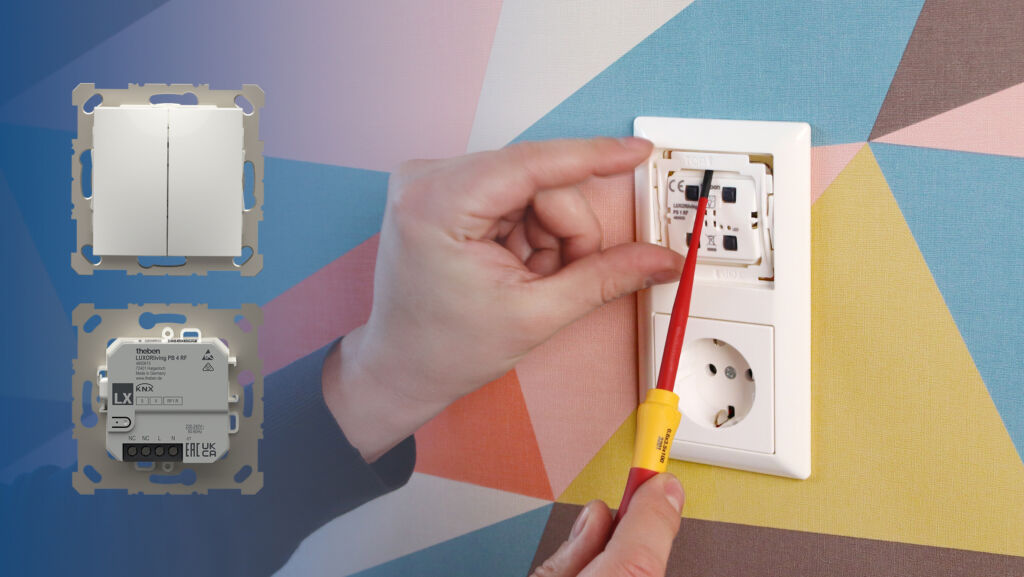 Die RF Taster-Aktor-Module lassen sich mit nur 25,6 mm Einbautiefe einfach in bestehenden UP-Dosen installieren.