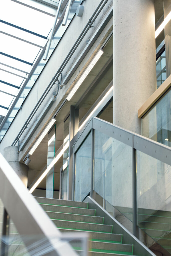 Im Bereich der Treppe sorgt die neue Stromschienen-Leuchte Clip-TT f&uuml;r ausreichendes, nahezu blendfreies Licht.