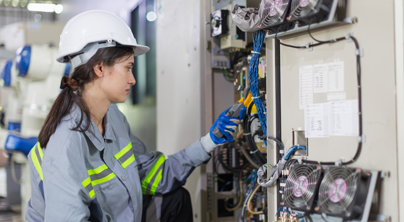 electricity engineer female working check service high voltage e