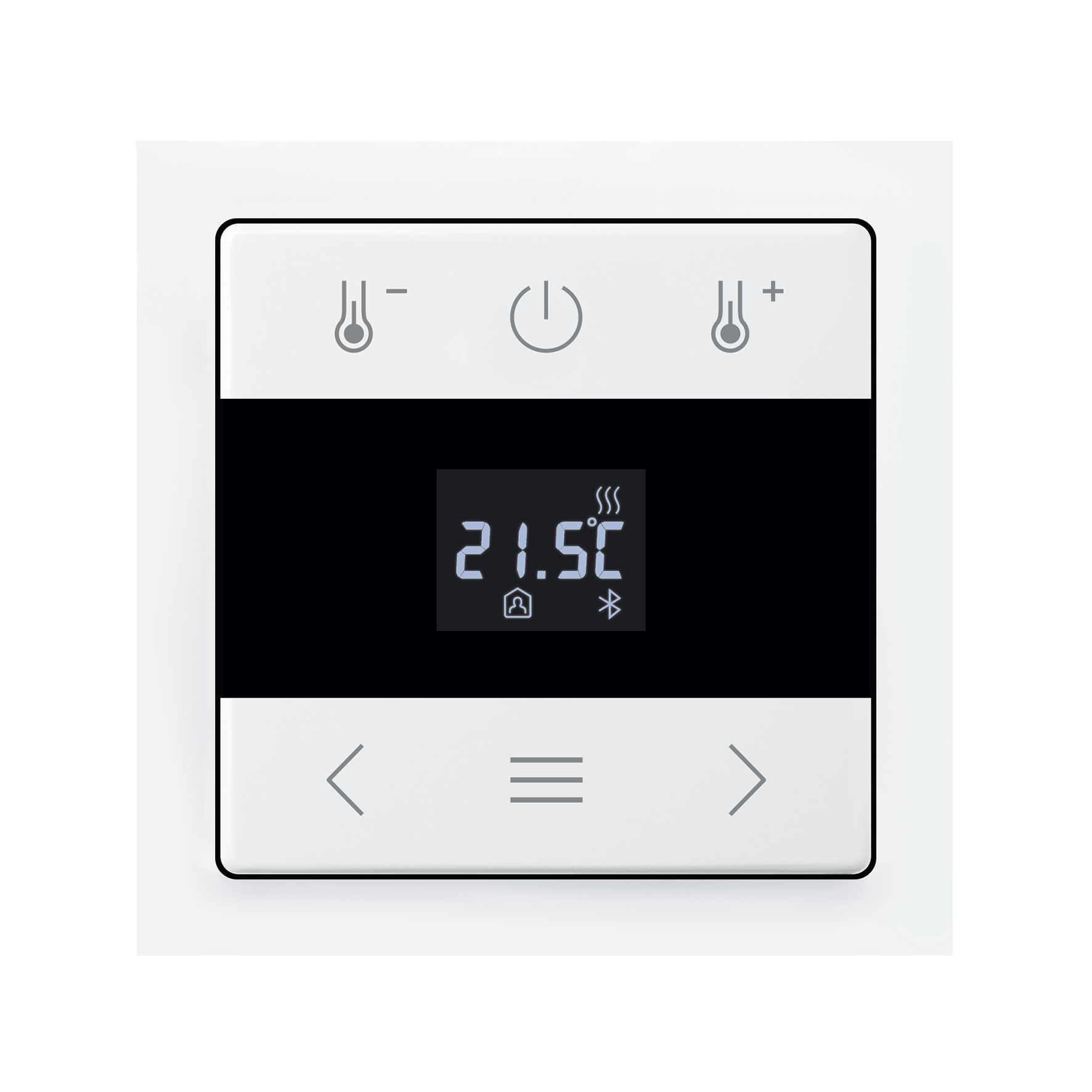 Raumtemperaturregelung für Mietwohnungen Der Raumtemperaturregler Bluetooth mit Touchdisplay ist eine Standalone-Lösung mit mehr Funktionen, die manuell oder per App gesteuert werden können.