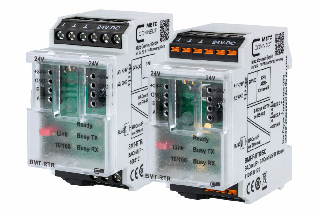 Bild 3 | Metz Connect bietet zwei Varianten: BACnet/SC-Router mit Schraubklemmen (links) und mit Federklemmanschluss (rechts).