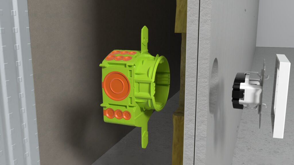 Die UniQ Hohlwand Ger&auml;te-V-Dose wird von hinten durch die Bohrung gesetzt. Leitungen und Rohre k&ouml;nnen bequem eingef&uuml;hrt werden.