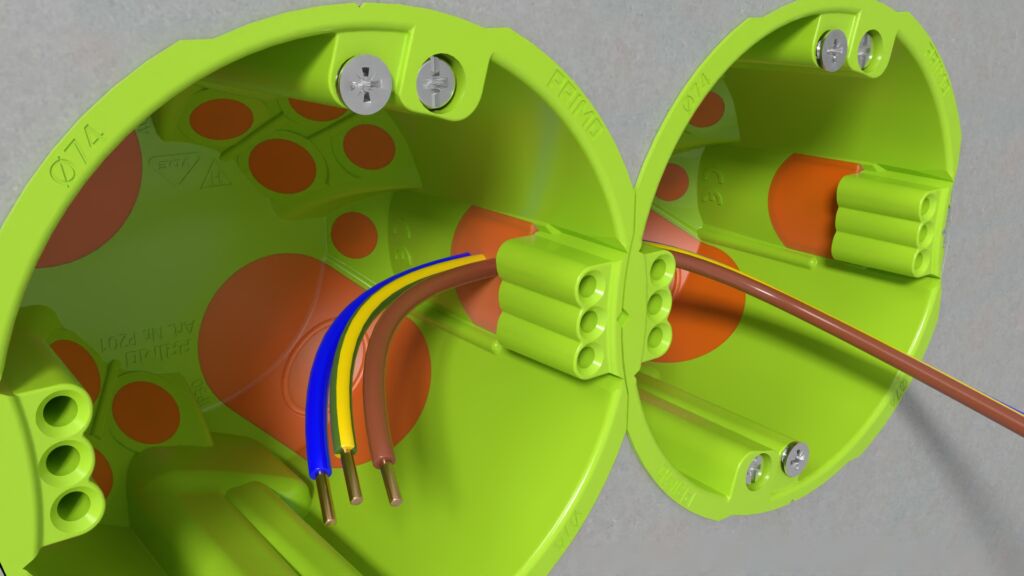 Die Qnect Hohlwand Ger&auml;te-V-Dosen k&ouml;nnen dank ihres Durchmessers von 74mm miteinander verbunden und ohne Verbindungsstutzen luftdicht durchverdrahtet werden.