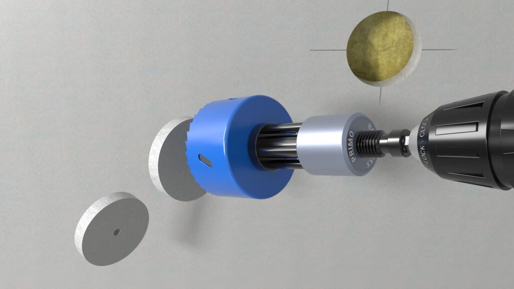 Der Bohr-Fixx entfernt den Bohrkern aus der Krone automatisch. Nach der Bohrung wird die Aluminiumh&uuml;lse festgehalten und durch den Linkslauf der Bohrmaschine der Kern ausgeworfen.