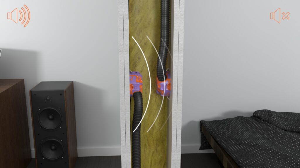 Mit der Qnect Hohlwand Schallschutz Ger&auml;te-V-Dose gelingt die Installation im Trockenbau mit einem Schallschutz bis 58dB.