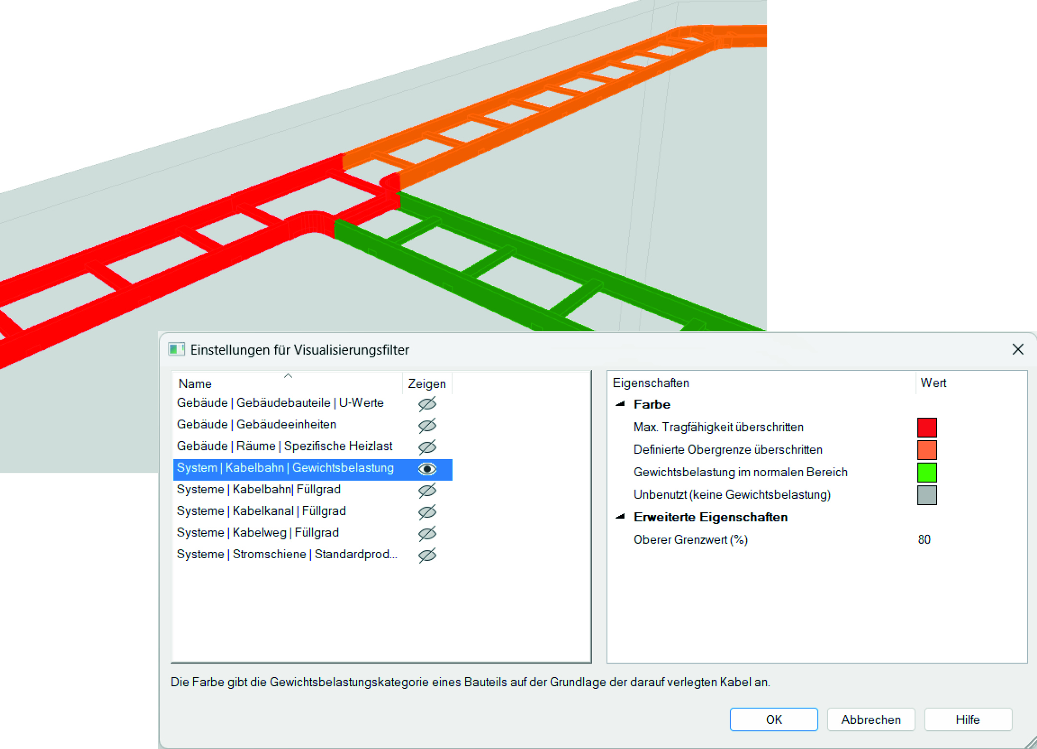 Sichere Kabelplanung: Die neue DDScad-Funktion zur automatischen Gewichtsberechnung zeigt direkt an, wenn Tragfähigkeitsgrenzen von Verlegesystemen überschritten werden.
