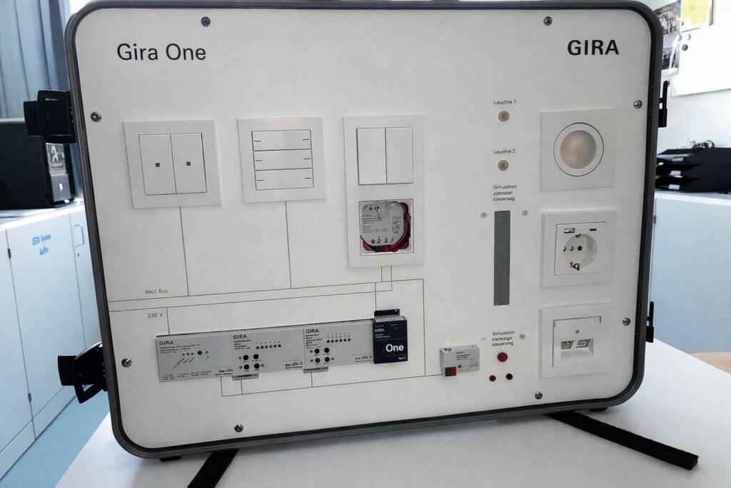 Vier Koffer voller Smart-Home-Technik: Herzst&uuml;ck der Schulungskoffer, mit denen zun&auml;chst die Sch&uuml;lerinnen und Sch&uuml;ler der Elektro-AG an der Grace-Hopper-Gesamtschule in Teltow arbeiten werden, ist der kompakte Server Gira One. &Uuml;ber ihn lassen sich verschiedene geb&auml;udetechnische Funktionen wie Licht, Heizung und anderes mehr digital steuern. Die Bedienung erfolgt &uuml;ber ebenfalls in den Koffern enthaltene Tastsensoren und Taster oder per Smartphone App. 