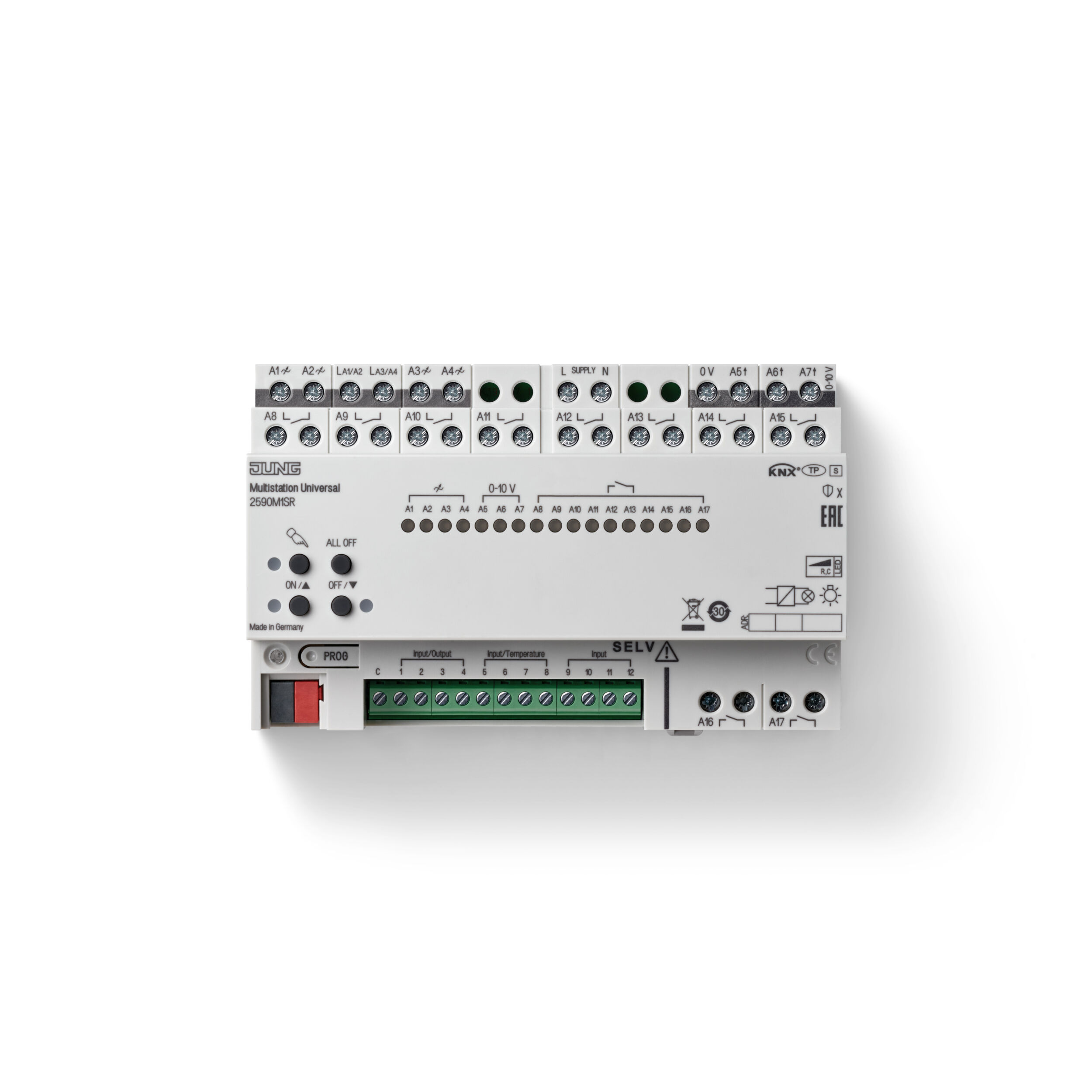 Die Multistation Universal 2590M1SR bietet 17 Ausgänge auf 8 TE: vier Dimmausgänge, zehn Relaisausgänge sowie drei Analogausgänge (0-10 V). Damit eignet sie sich für Projekte mit erweitertem HLK-Bedarf. Die zusätzlichen Relaiskanäle ermöglichen Beleuchtungs- und Beschattungssteuerungen in größeren Installationen. Schutz- und Diagnosefunktionen sind integriert.