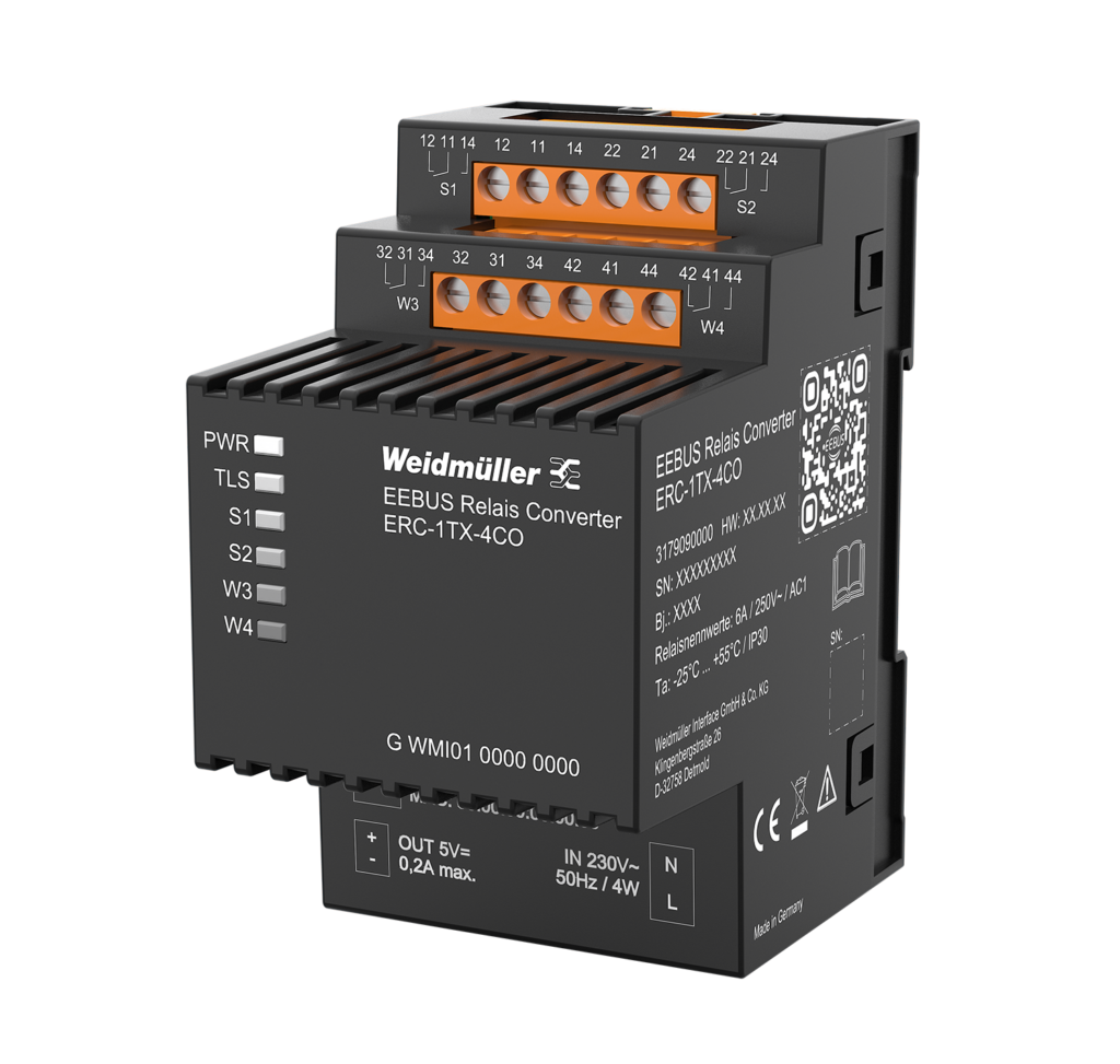 Der EEBUS Relais Converter (ERC) ist eine gemeinsame Entwicklung von PPC und Weidmüller. Er überträgt digitale Steuerinformationen in analoge Relaiskontakte und erschließt damit das Smart-Grid-Umfeld auch für bestehende Technik.
