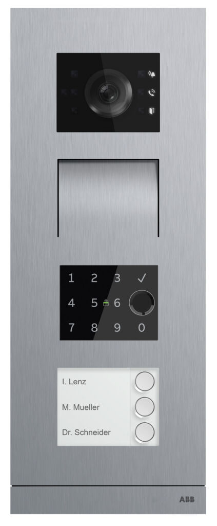 Das Multi-Zutrittskontrollmodul für die Busch-Welcome-Außenstation vereint PIN-Code, Fingerabdruck, Transponder, Bluetooth, NFC und Ultra-Wideband-Technologie (UWB) in einem Gerät.