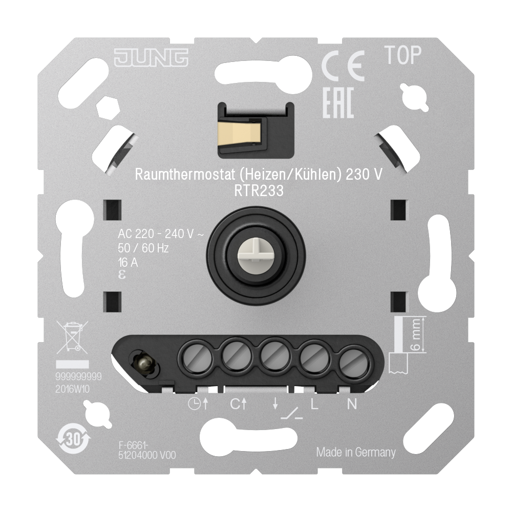 Das Jung Raumthermostat RTR 233 mit interner Temperaturmessung, Universaleingang und 16 A Schaltstrom für elektrische Heiz- und Kühlsysteme.